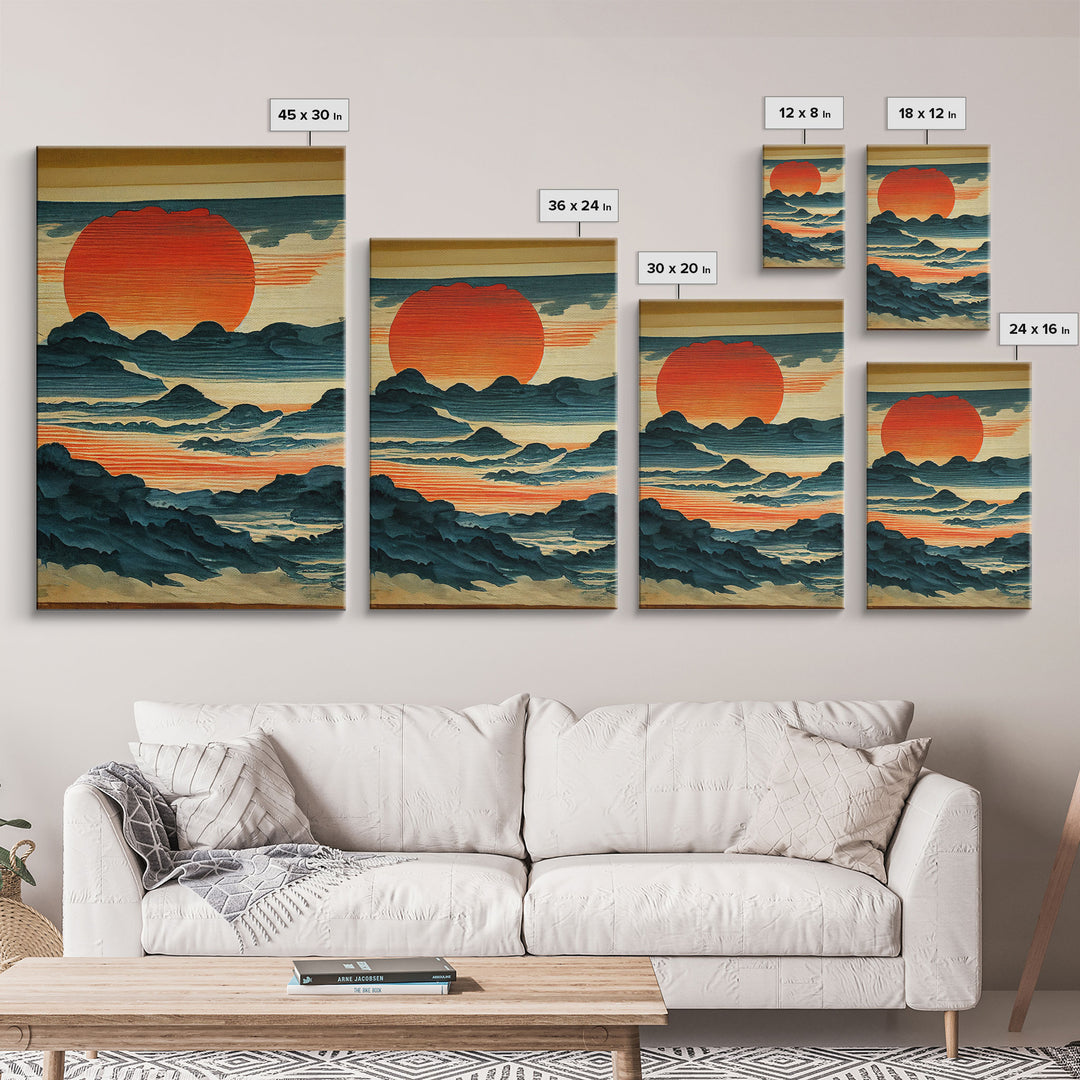 Hokusai style wall art, sunrise over the mountains, canvas print, woodblock print style art, Japanese style wall art