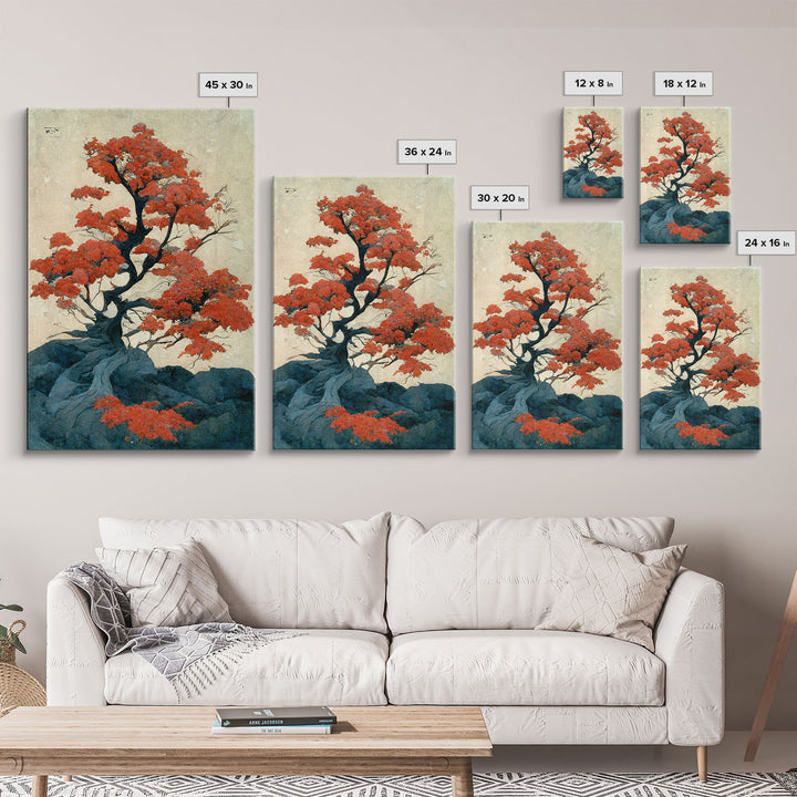 Japanese maple tree canvas print, vintage style wall art, woodblock print style wall art