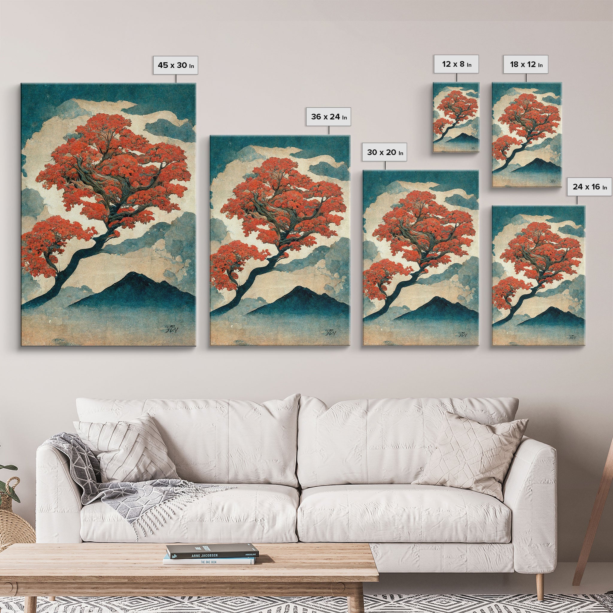 Japanese maple tree canvas print, vintage style wall art, woodblock print style wall art, unique abstract wall art, tree art