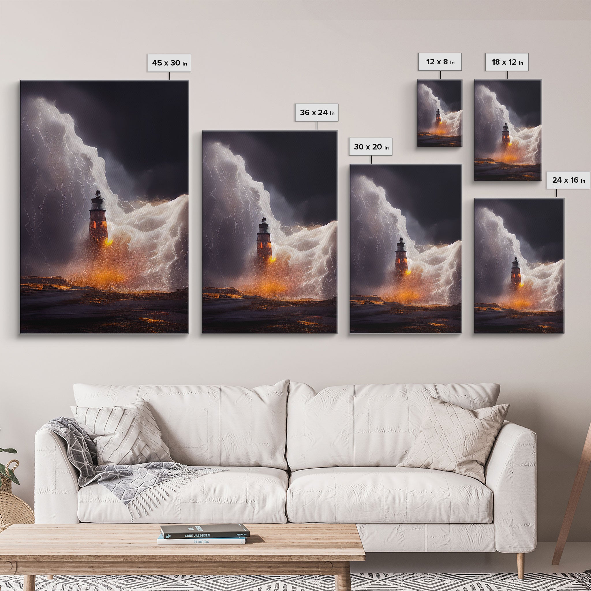 Lightning striking a burning lighthouse, canvas print, oil painting style, dark and gloomy wall art