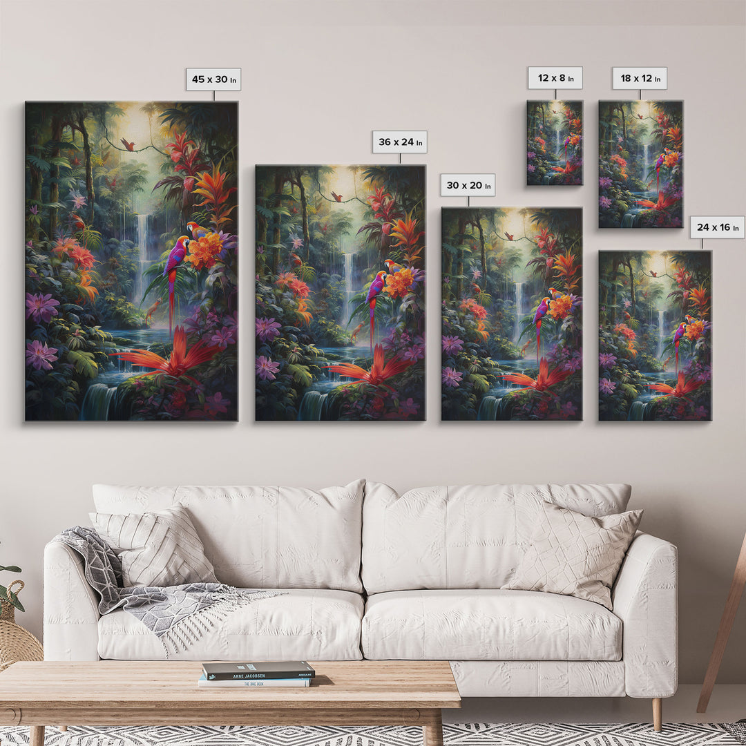 Jungle Wall Art, Vibrant Art, Birds Wall Print, Waterfalls Wall Art, Canvas Print, Wall Art, Vertical Art, Tropical Art, Apartment Wall Art