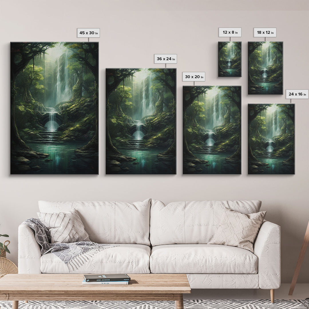 Enchanter Forest, Waterfalls Wall Art, Fantasy Artwork, Canvas Print, Wall Art, Vertical Print, Video Game Art, College Dorm Decor