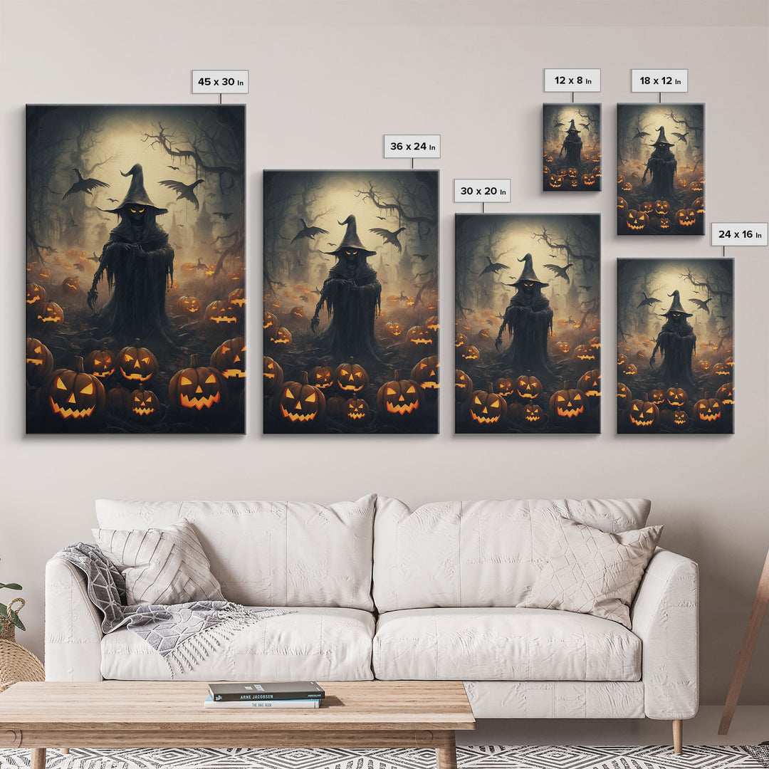 The Scarecrow and the Jack O Lantern Field, Framed Canvas Print, Halloween Canvas, Spooky Decor, Cottagecore Spooky Art