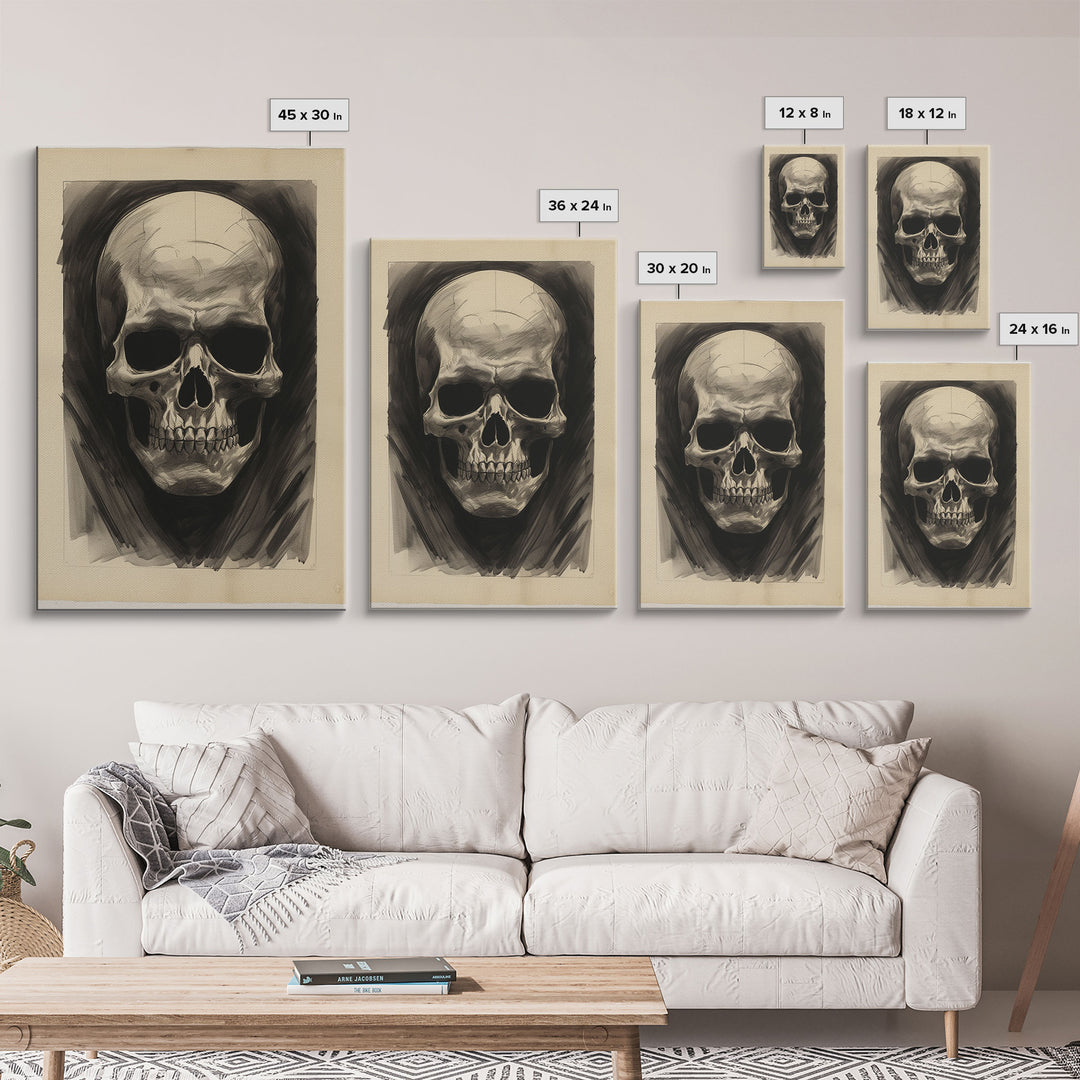 The Death Mask, Charcoal Sketch, Framed Canvas Print, Halloween Decor, Halloween Wall Art, Skull Portrait, Oddities, Witchy Decor