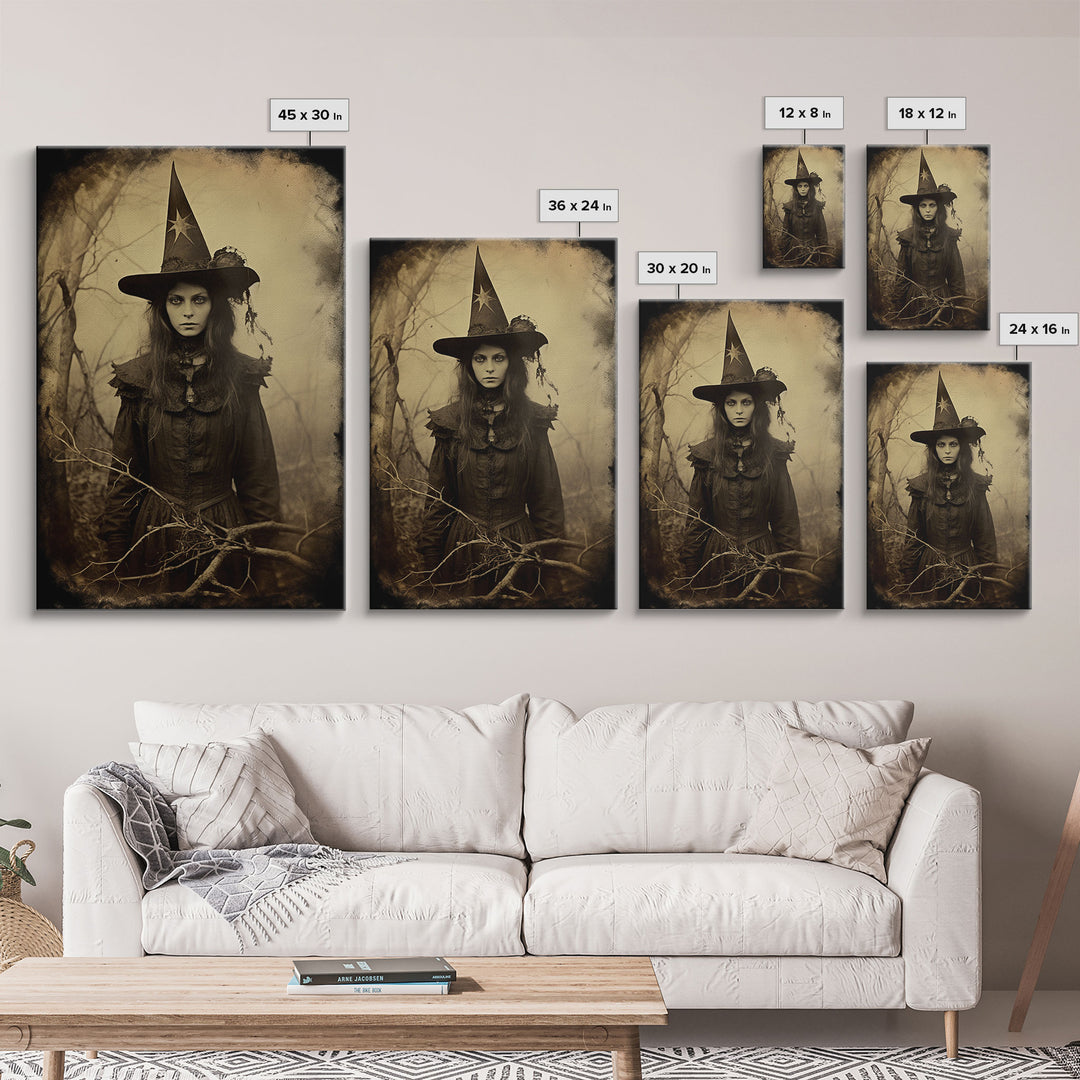 Witchy Art, Portrait of a Victorian Witch, Daguerreotype, Framed Canvas Print, Halloween Wall Art, Halloween Canvas, Fall Decor