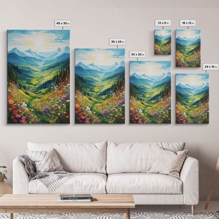 Wildflower Meadow, Mountains Wall Art, Landscape Art, Spring Decor, Canvas Print, Wall Art, Vertical Art, Living Room Wall Art, Hostess Gift