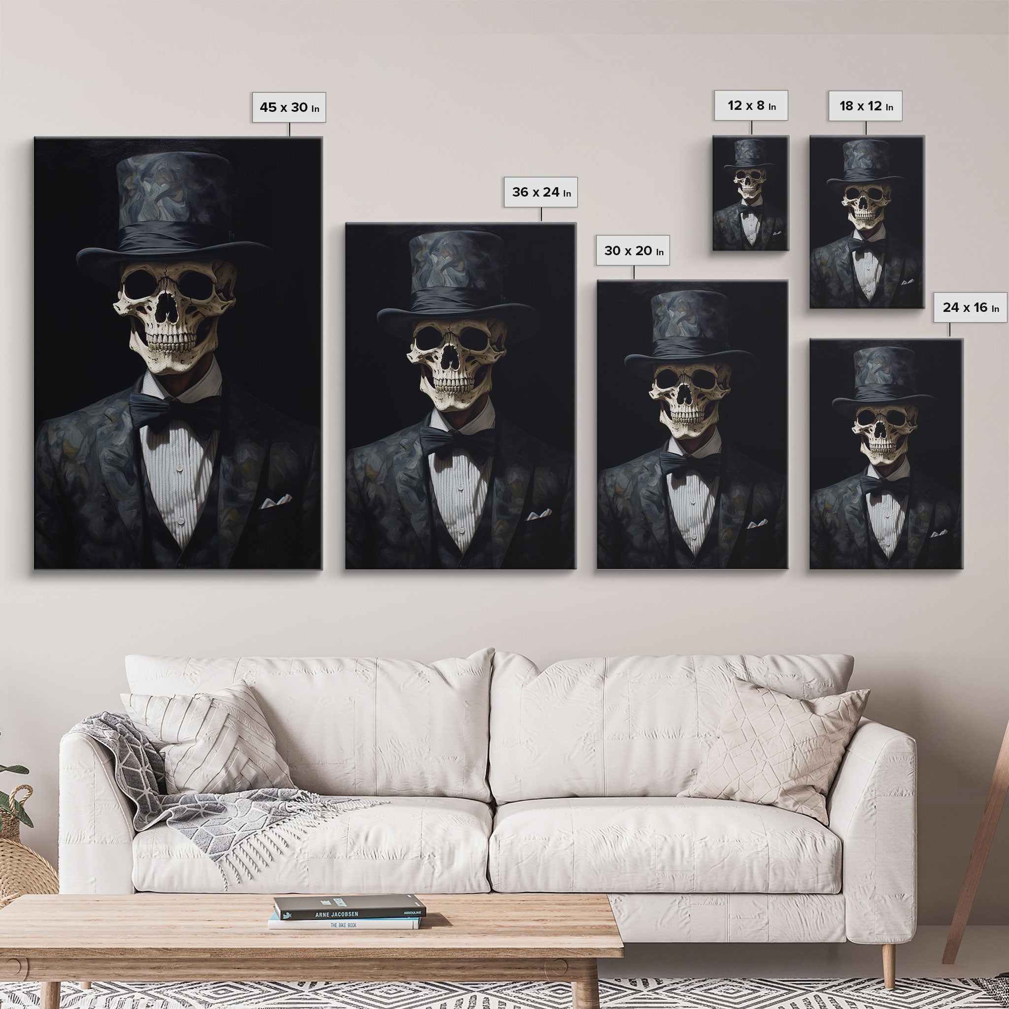 Skeleton In A Bowler Hat, Renaissance Skeleton, Framed Canvas Print, Gothic Halloween Decor, 1920s Style Art Deco Horror Art