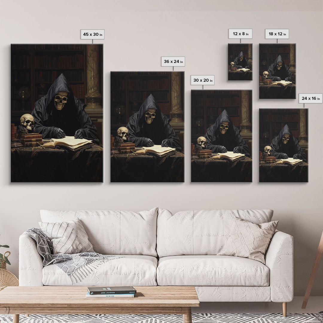 The Grim Reaper In His Study, Gothic Halloween Decor, Framed Canvas Print, Scary Horror Art, Goth Decor, Moody Oil Painting, Dark Academia