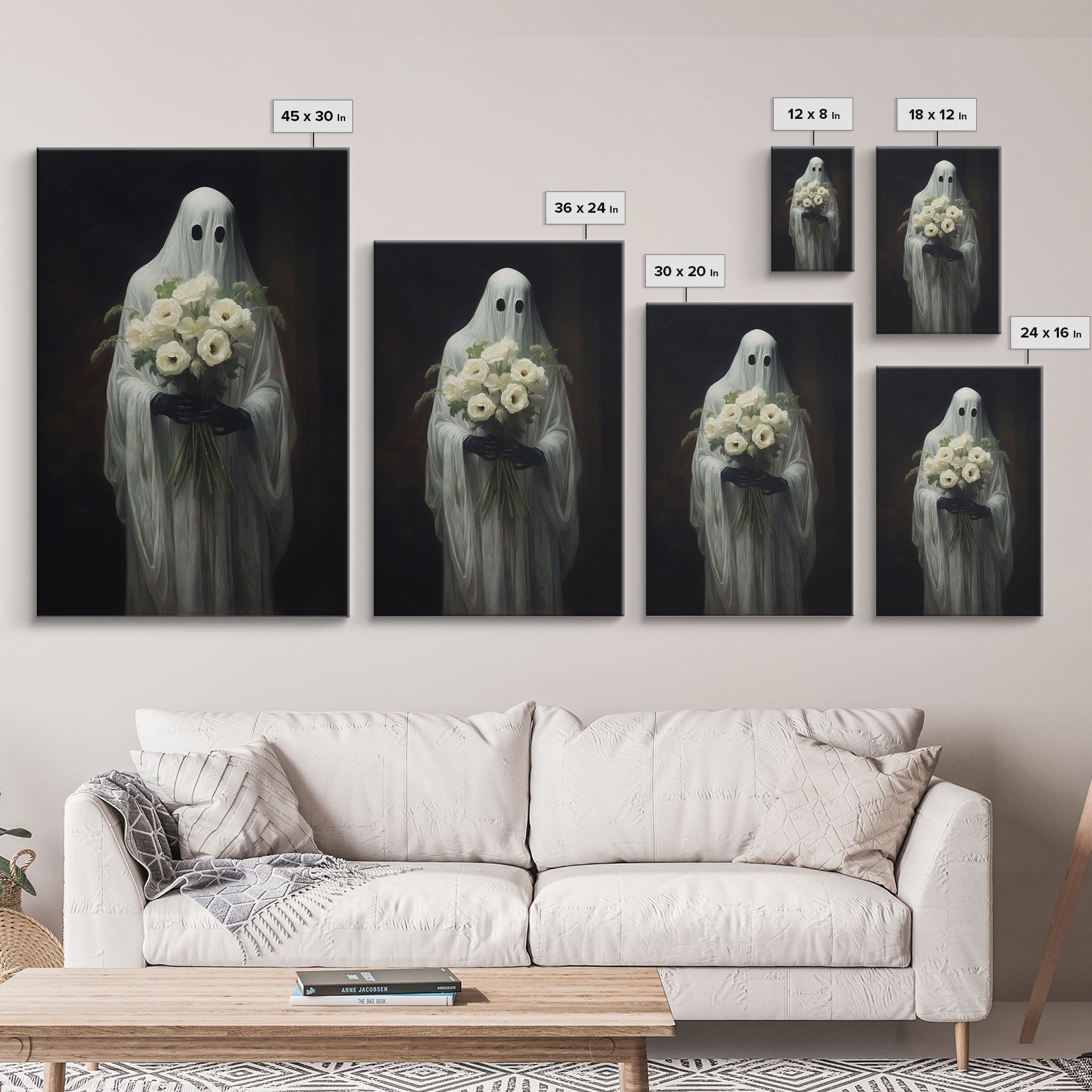 The Ghost With The Flowers, Halloween Canvas Print, Framed Canvas, Unique Wall Art, Goth Art, Dark Academia, Witch Art, Witchcraft