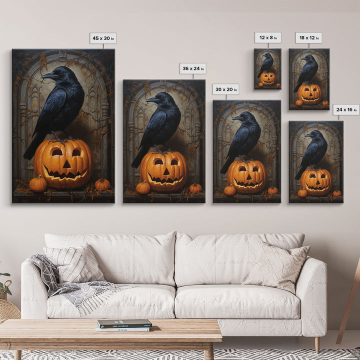 Macabre Crow Atop A Jack O Lantern, Framed Canvas Print, Halloween Decor, Raven Painting, Victorian Oil Painting Print, Macabre Horror Print