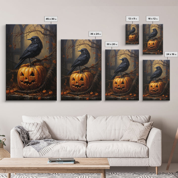 Raven Atop A Jack O Lantern, Framed Canvas Print, Halloween Decor, Raven Painting, Victorian Oil Painting Print, Macabre Horror, Witch Art