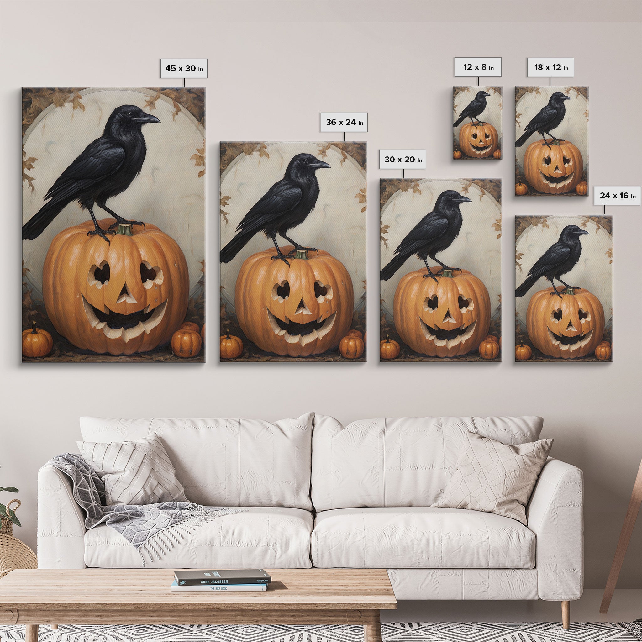 Vintage Halloween Crow Print, Raven On A Jack O Lantern Oil Painting Framed Canvas Print, Retro Halloween Wall Art, Macabre Art