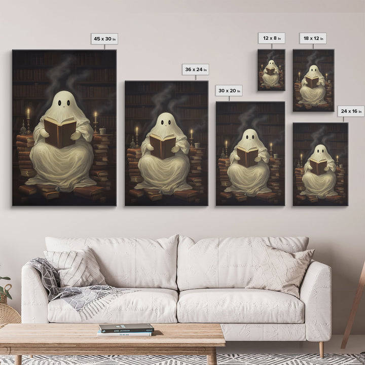 The Reading Ghost, Victorian Halloween Art, Funny Halloween, Framed Canvas, Halloween Canvas Art, Macabre Goth Art