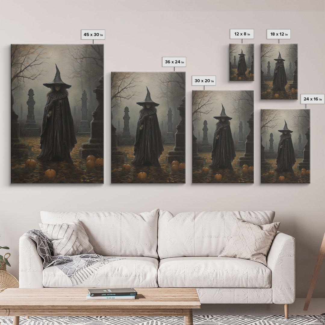 The Witch In The Cemetary, Vintage Halloween Witch Art, Halloween Canvas Printed / Framed Canvas, Witchy Decor, Witchcraft, Dark Academia