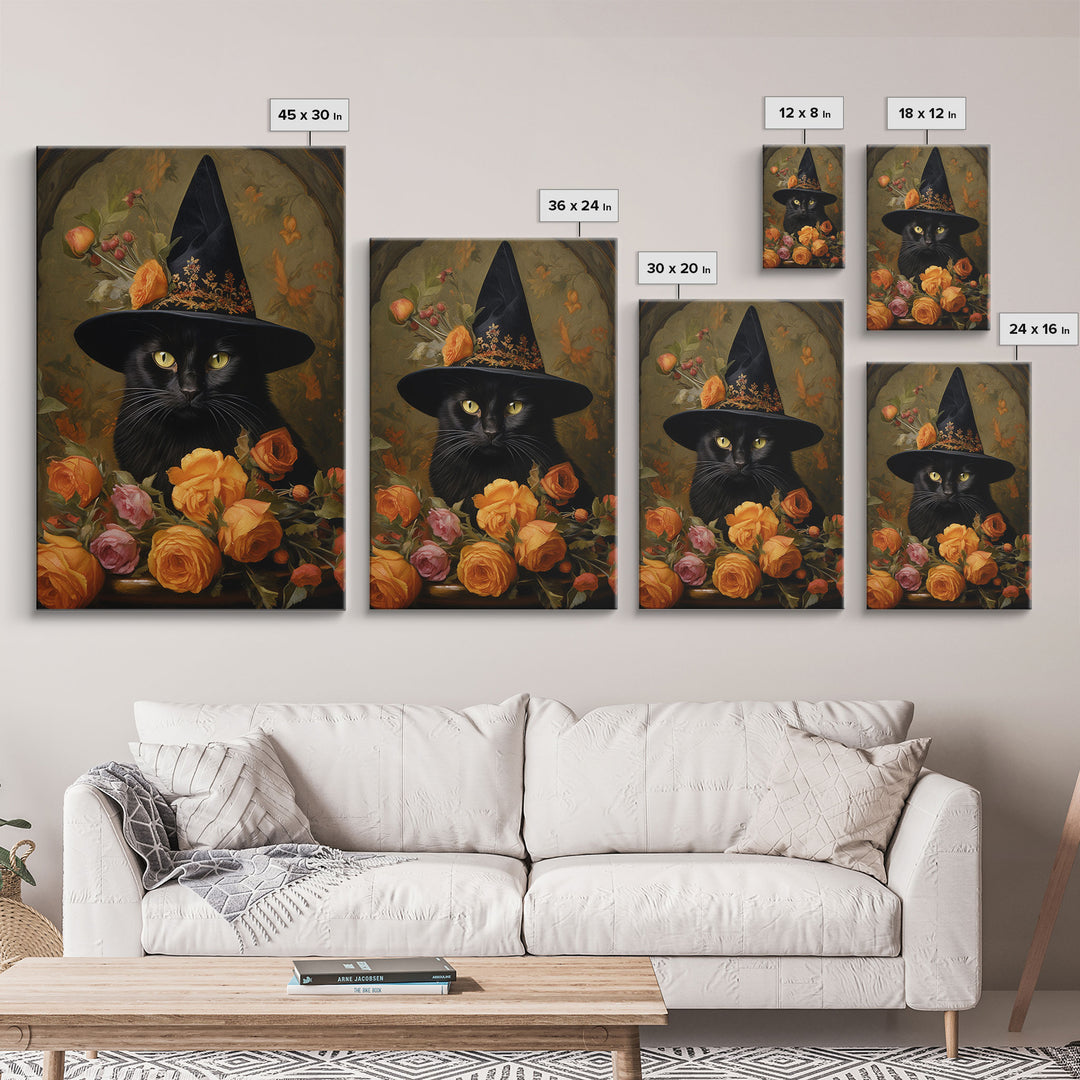 Cute Witch's Familiar Cat Halloween Art, Cat Witch, Cat Painting, Cute Cat Print, Halloween Decor, Black Cat Print, Framed Canvas / Canvas