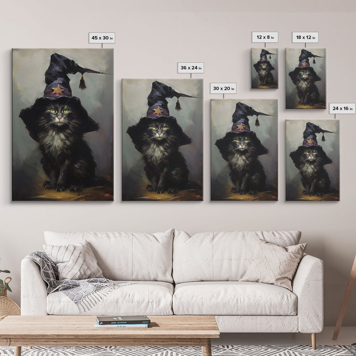 The Wizard Cat, Framed Canvas Print, Dark Academia Halloween Art, Victorian Cat Oil Painting, Goth Halloween Decor