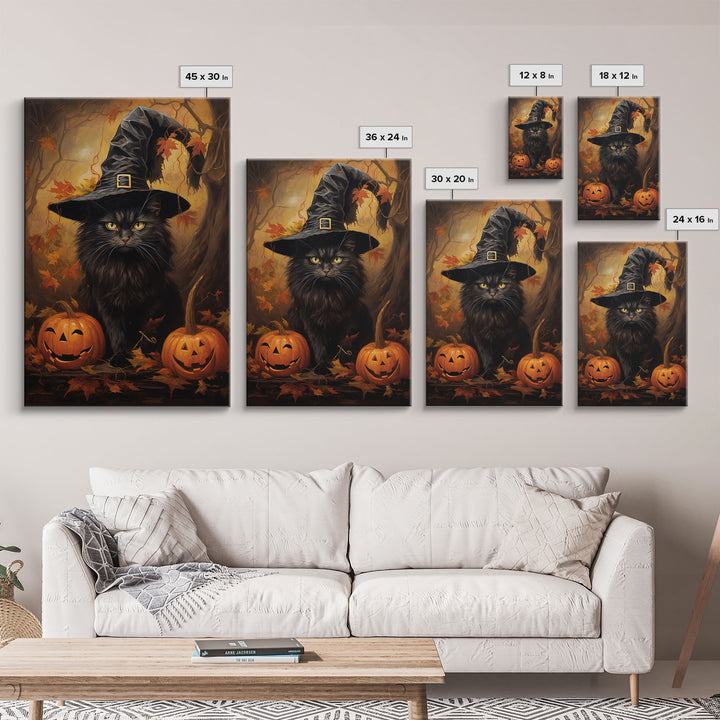 The Witch Cat With Her Jack O Lanterns, Framed Canvas Print, Dark Academia Halloween Art, Victorian Cat Oil Painting, Goth Halloween Decor