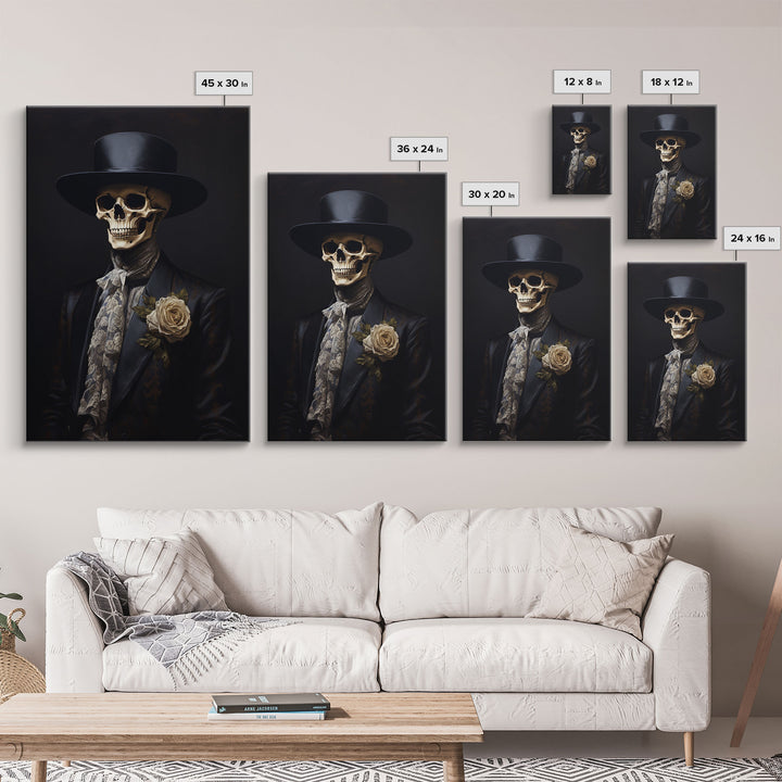 The Dapper Skeleton, Spooky Halloween Wall Art, Canvas Print, Framed Halloween Canvas Print, Dark Academia, Goth Art