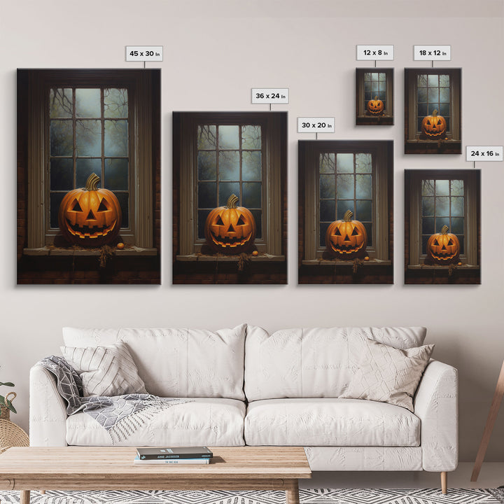 Spooky Jack O' Lantern In A Window Sill, Framed Canvas Print, Halloween Canvas, Halloween Art, Dark Academia, Art Canvas Print