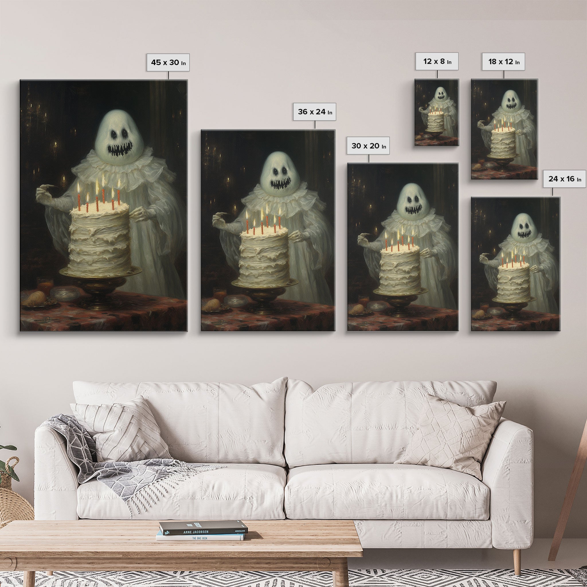 The Ghost And The Cake, Funny Halloween Art, Framed Canvas Print