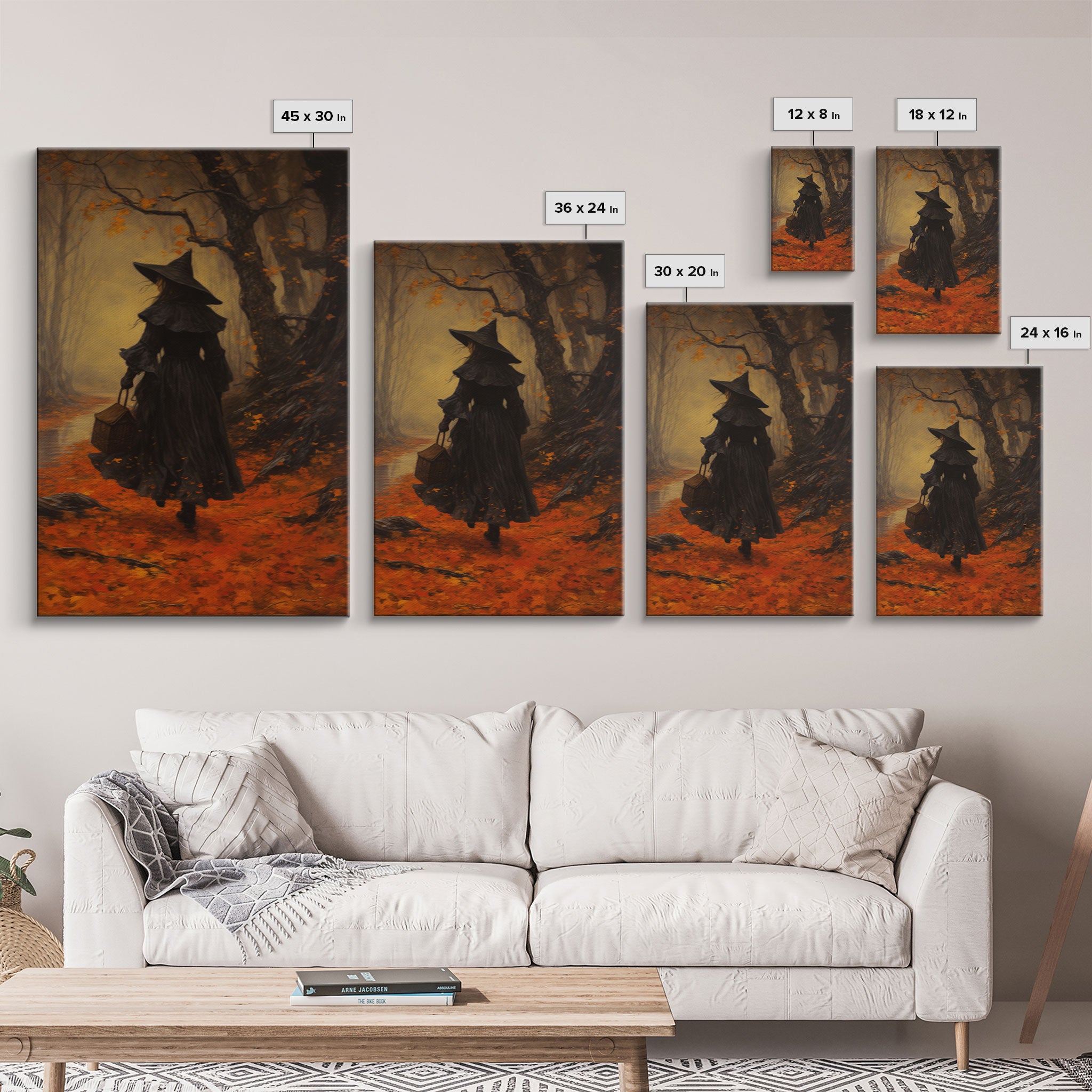 The Witch, Witch Decor, Halloween Witch, Framed Canvas, Retro Hallowen Wall Art, Halloween Canvas, Witch Painting, Fall Decor, Fall Leaves