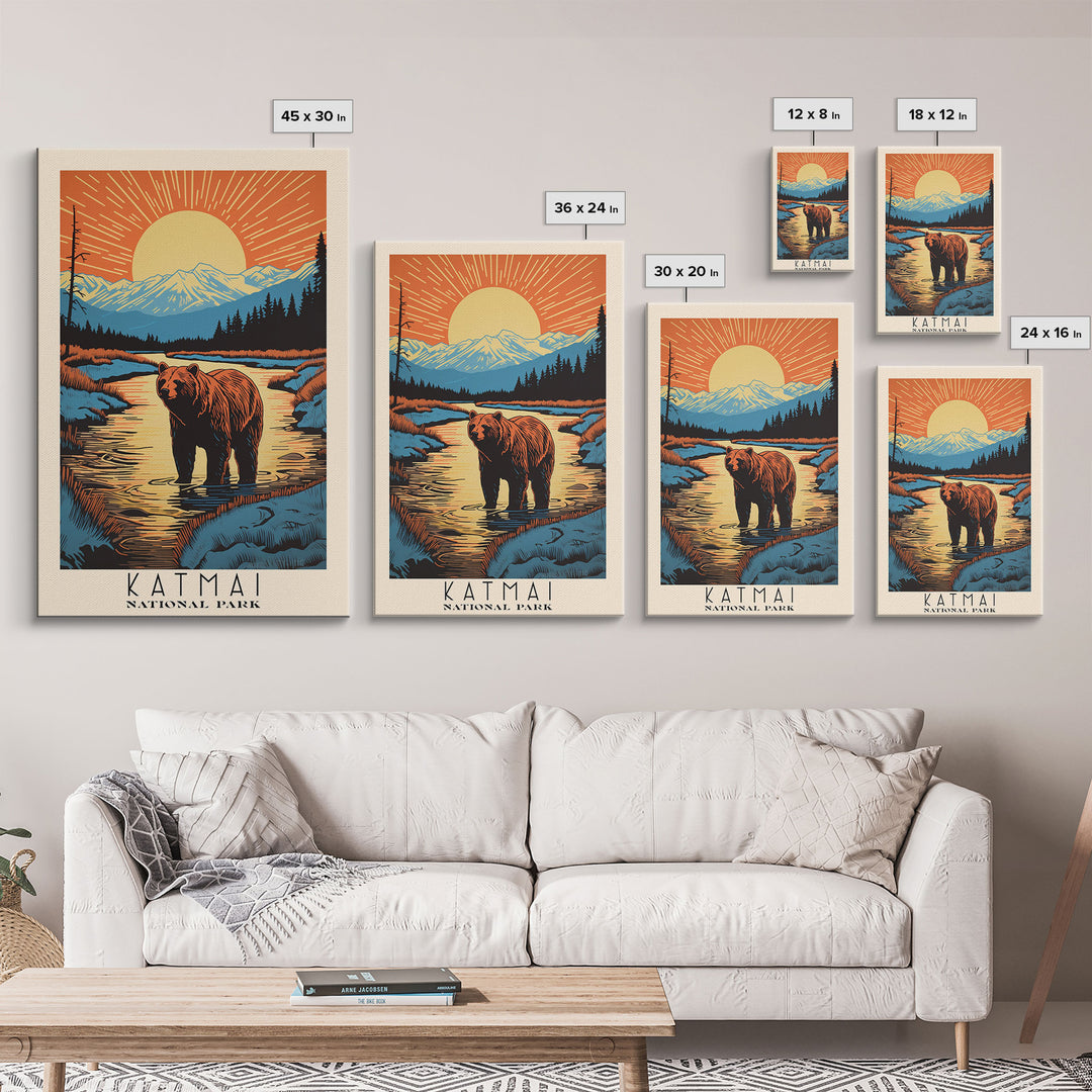 Katmai National Park, Alaska Travel Art, National Park Print, Minimalist Travel Art, Midcentury Modern Retro Style Landscape