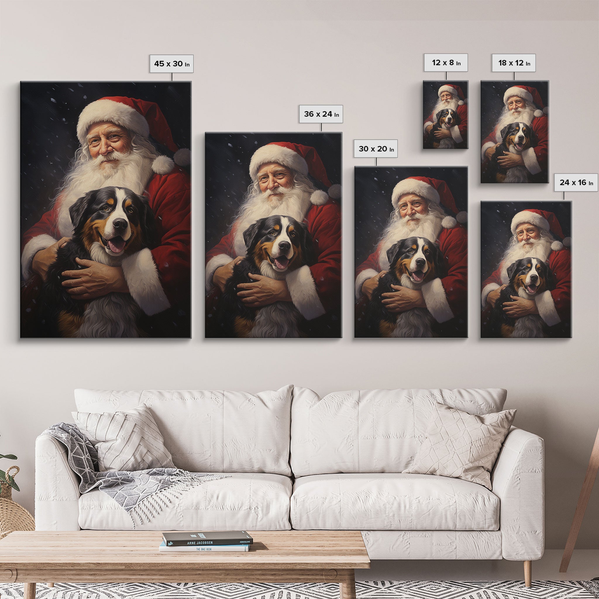 Santa Claus and his Bernese Mountain Dog, Cute Dog Art, Framed Canvas Print, Christmas Art, Christmas Decor, Christmas Art Print, Cute Dog