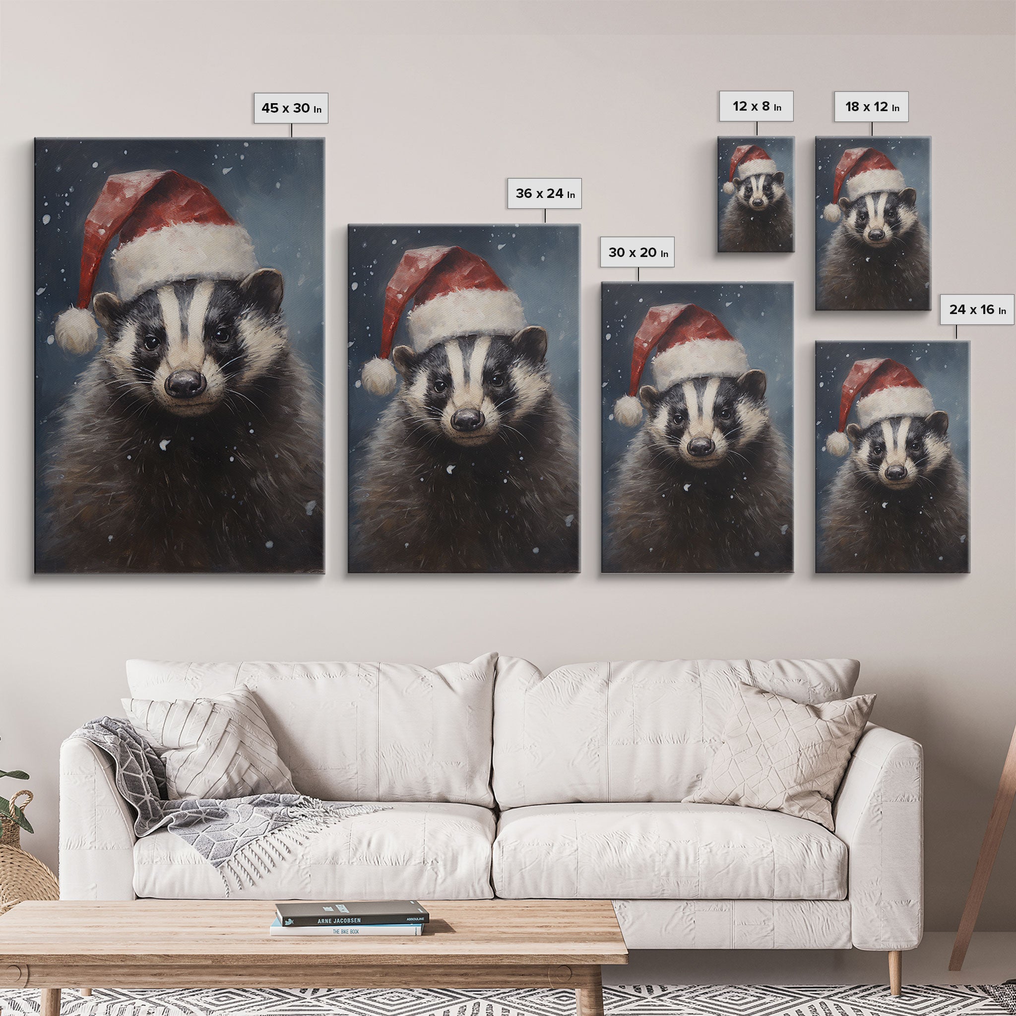 Cute Christmas Badger In A Santa Hat, Framed Canvas Print, Christmas Art, Christmas Decor, Christmas Art Print, Christmas Wall Art