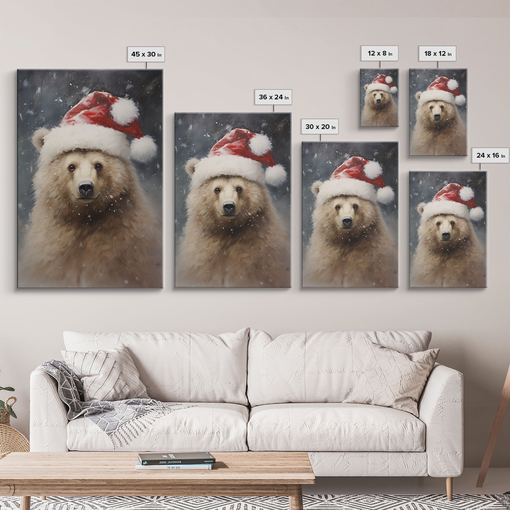 Cute Christmas Bear In A Santa Hat, Christmas Art, Christmas Decor, Christmas Wall Art, Christmas Painting, Vintage Christmas