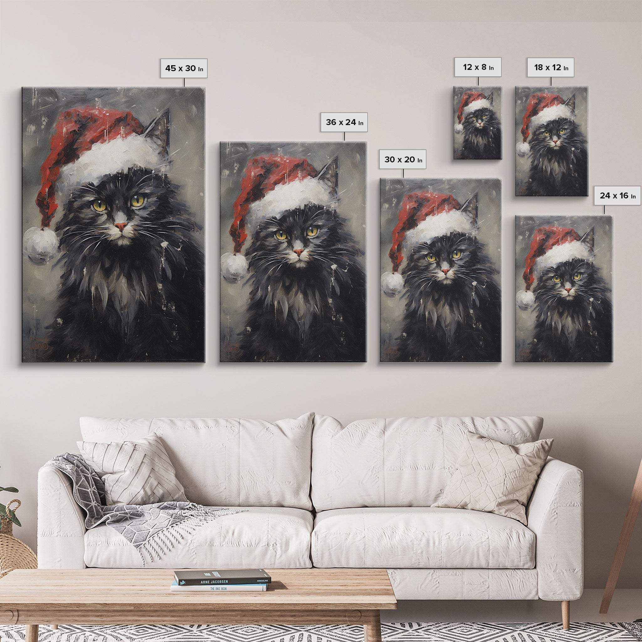 Christmas Cat In His Christmas Hat, Framed Canvas Print, Holiday Decor, Framed Canvas Print, Seasonal Wall Art