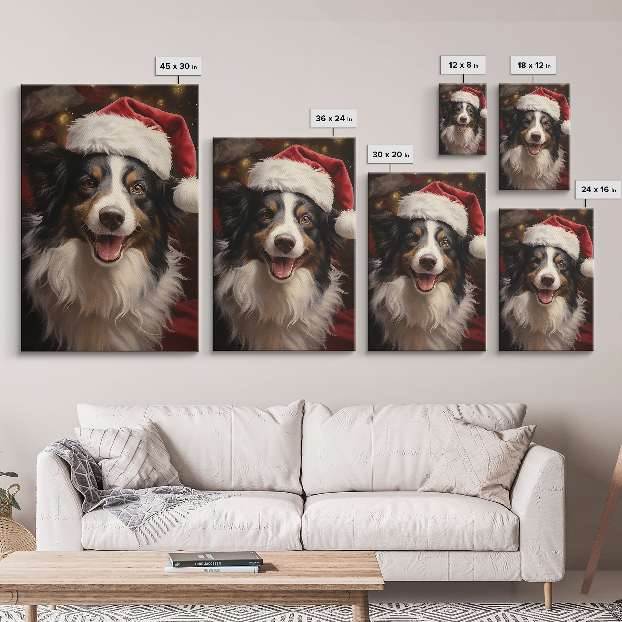 Cute Border Collie In A Santa Hat, Framed Canvas Print, Christmas Decor, Holiday Decor, Seasonal Wall Decor, Farmhouse Christmas