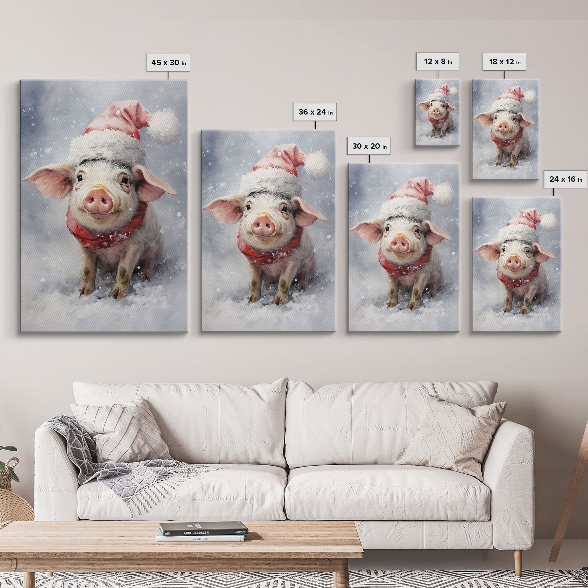 Cute Christmas Pig In A Santa Hat, Christmas Art, Christmas Decor, Christmas Wall Art, Farmhouse Christmas, Vintage Christmas, Pig Print