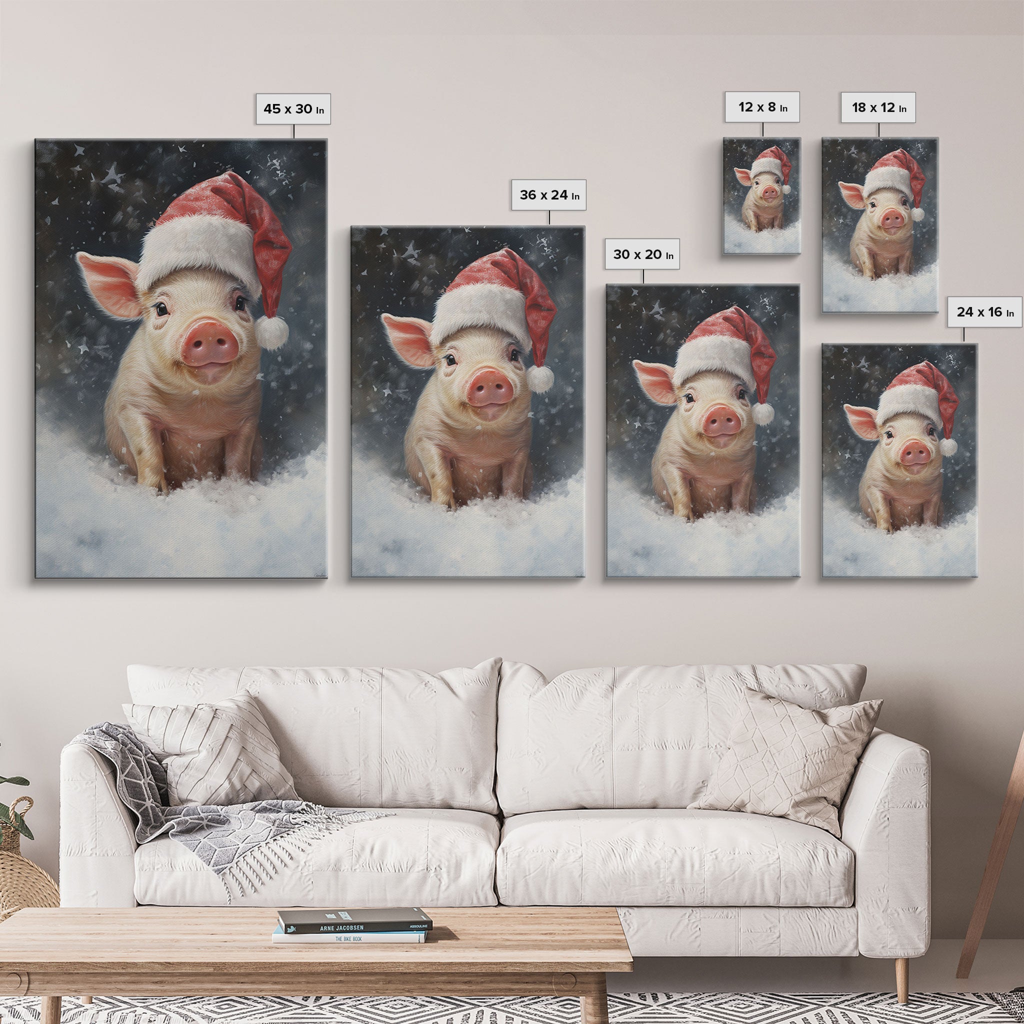 Cute Christmas Pig In A Santa Hat, Christmas Art, Christmas Decor, Christmas Wall Art, Farmhouse Christmas, Vintage Christmas, Pig Print