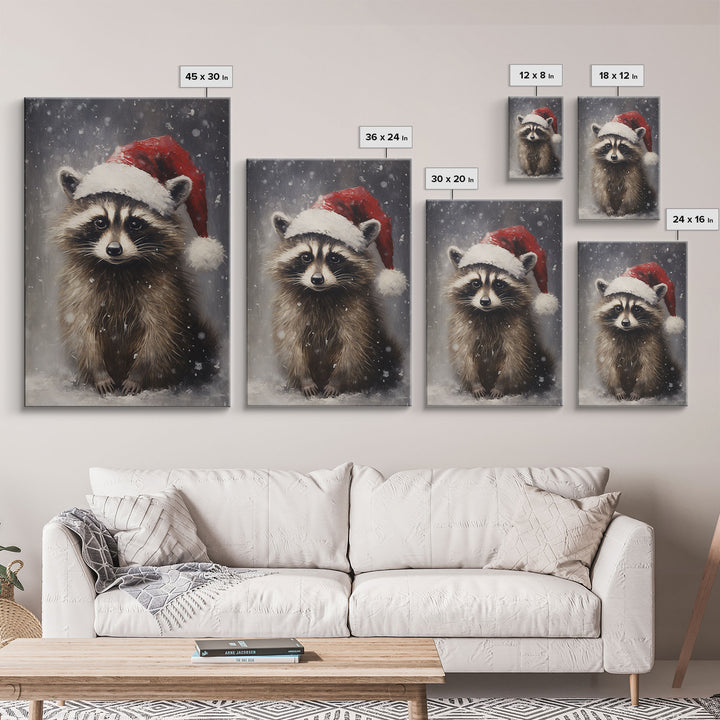 Cute Christmas Raccoon In A Santa Hat, Christmas Art, Christmas Decor, Christmas Wall Art, Farmhouse Christmas, Vintage Christmas Raccoon