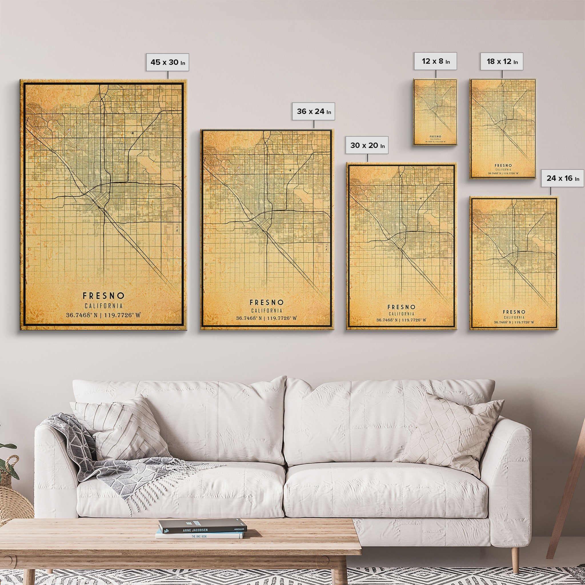 Distressed Fresno California Map, Framed Canvas Print Or Poster, California Map Print, Freso City Wall Art Map Print, Rustic Map Art