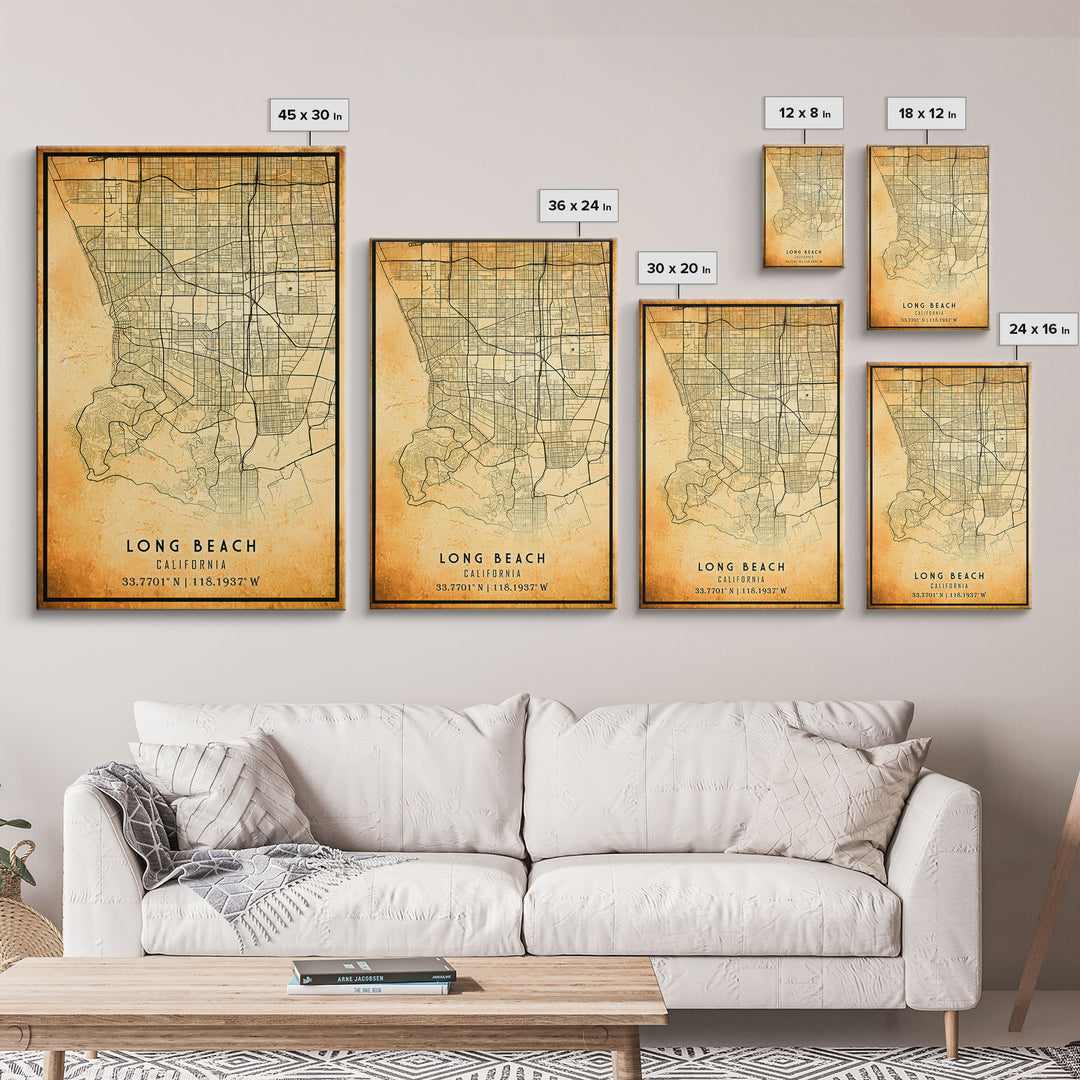 Long Beach map print poster or framed canvas | California map print poster canvas | Long Beach city map print poster canvas, distressed map