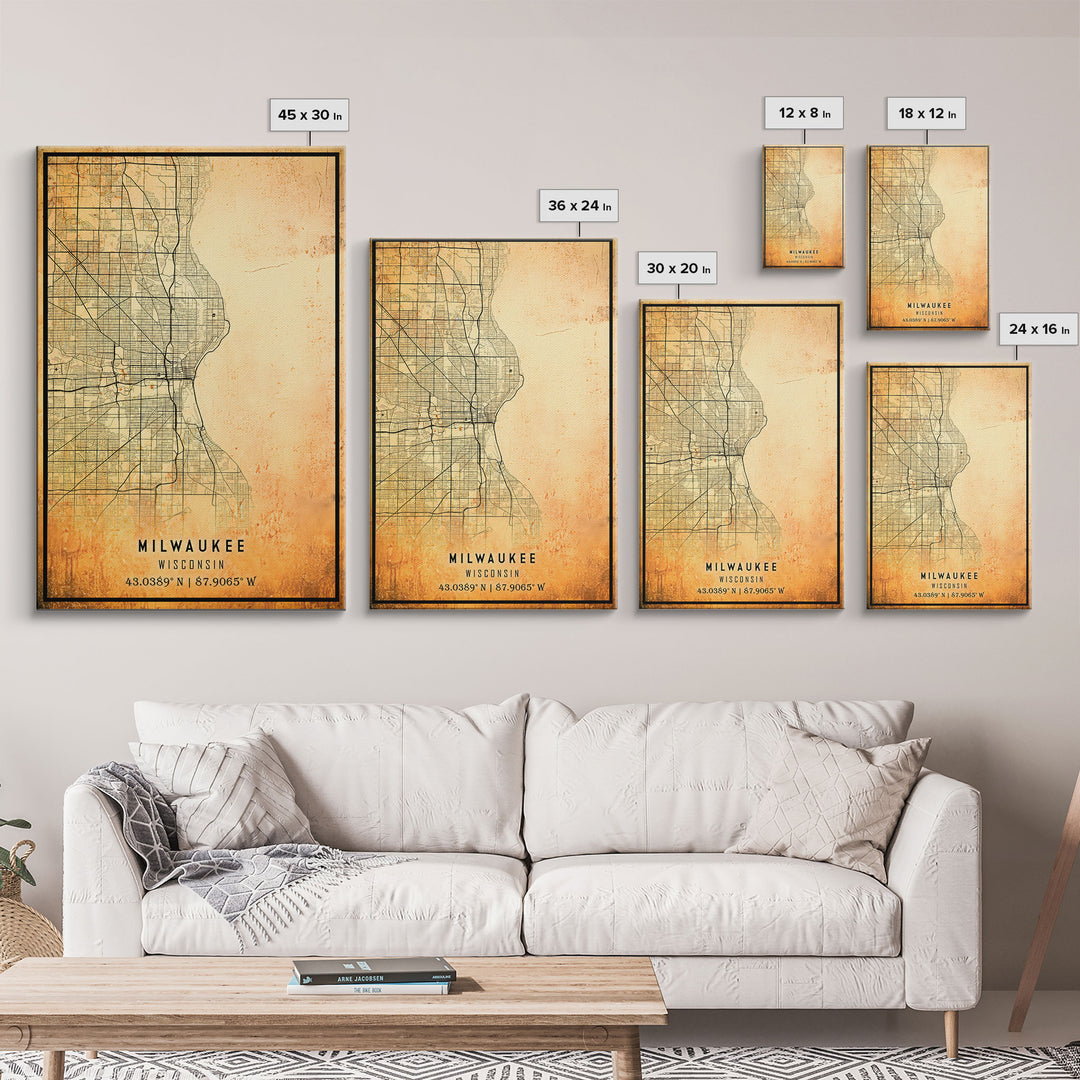 Milwaukee Wisconsin Street Map Wall Art, Framed Canvas Print, Wisconsin Map Print Poster and Canvas, Milwaukee City Office Wall Art