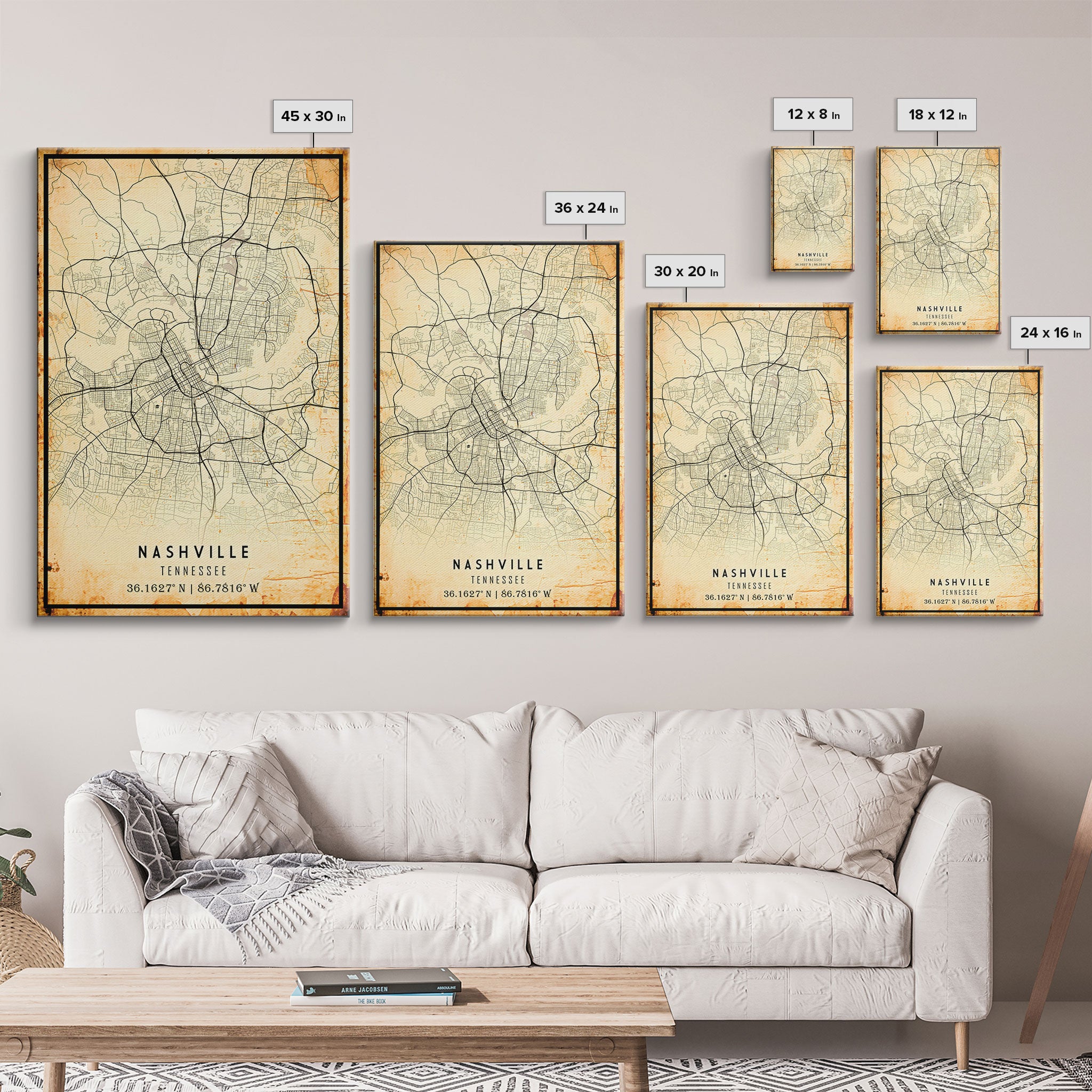 Nashville Map Print, Framed Canvas Wall Art, Tennessee Street Map Art, Davidson City Street Road Map Wall Decor