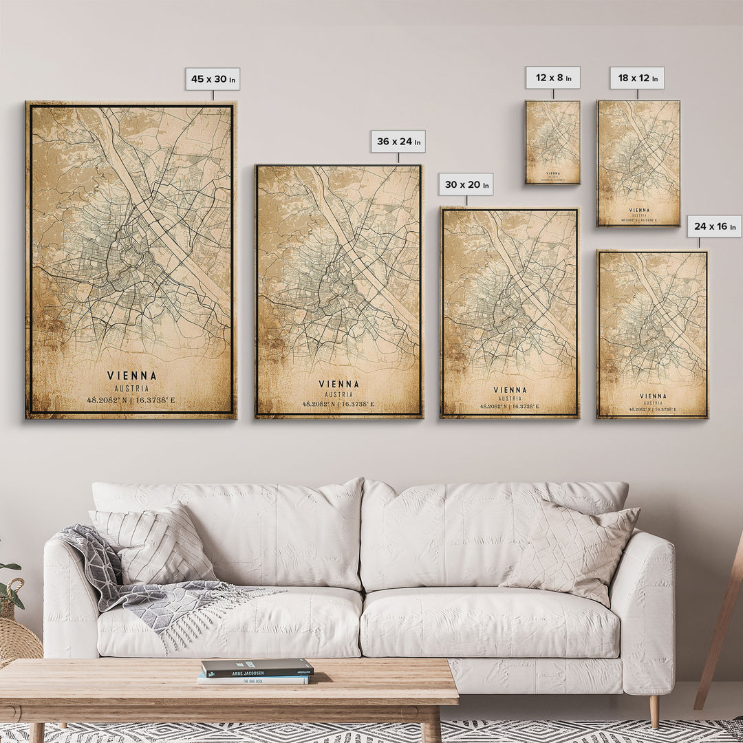 Vintage Vienna City Map Wall Art Canvas Print, Distressed Style Vienna Austria Map, Framed Wall Art, Cool Vienna Travel Wall Art, Office Art