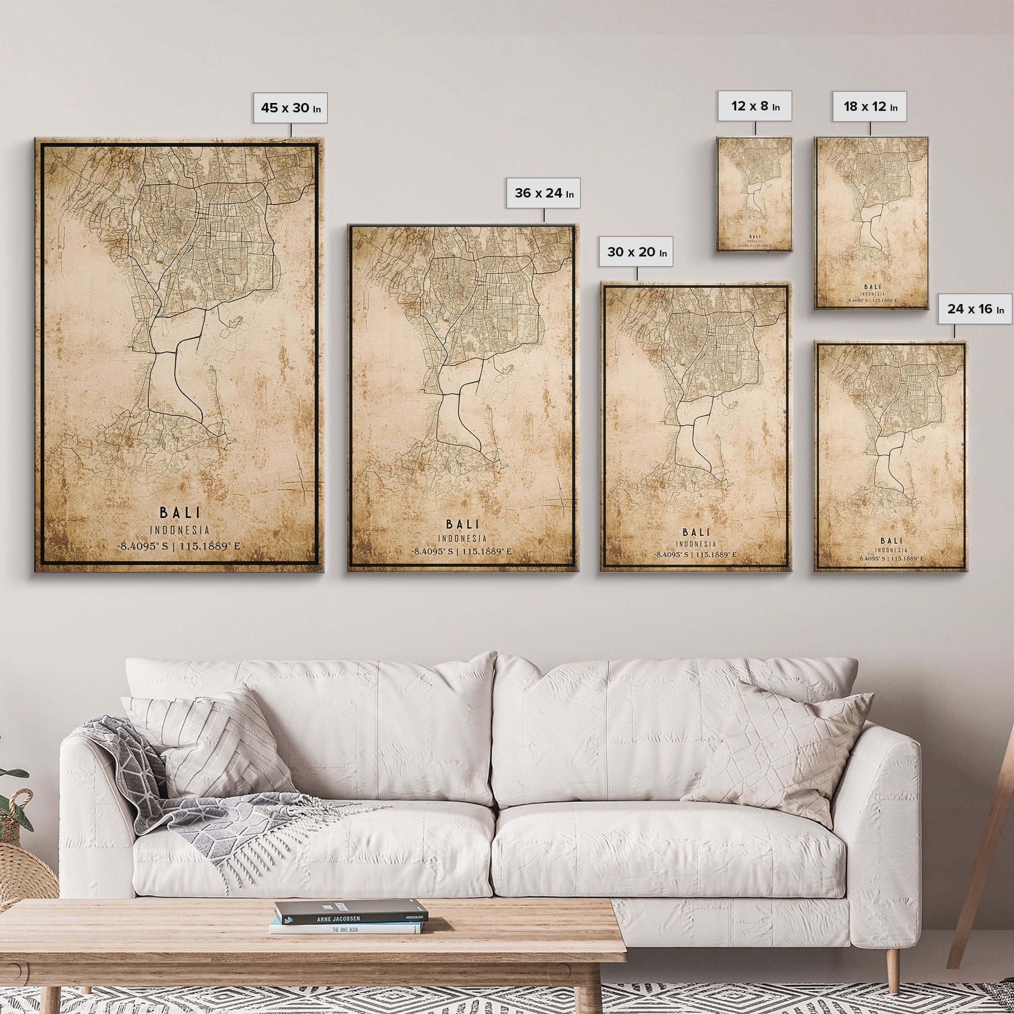 Vintage Bali Indonesia City Map Wall Art Canvas Print, Distressed Style Bali Map, Framed Wall Art, Cool Bali Travel Wall Art, Office Art