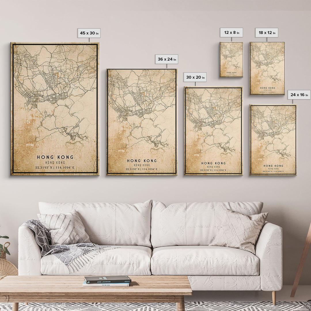 Vintage Hong Kong City Map Wall Art Canvas Print, Distressed Hong Kong Map, Framed Wall Art, Cool Hong Kong Travel Wall Art, Office Art