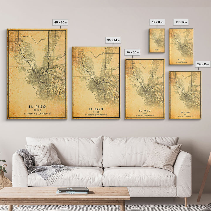 El Paso Texas Vintage Map Print, El Paso Map, Texas Map Art, El Paso City Road Map Poste, Vintage Gift Map, Travel Vacation Art, Rustic Map