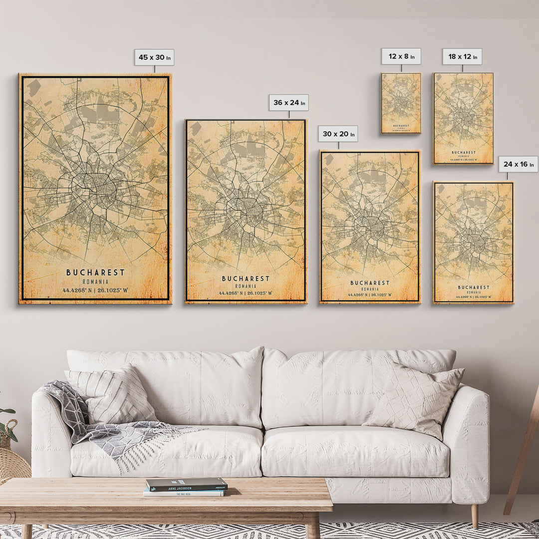 Vintage Style Bucharest City Map Wall Art Canvas Print, Distressed Bucharest Map, Framed Wall Art, Cool RomaniaTravel Wall Art, Office Art