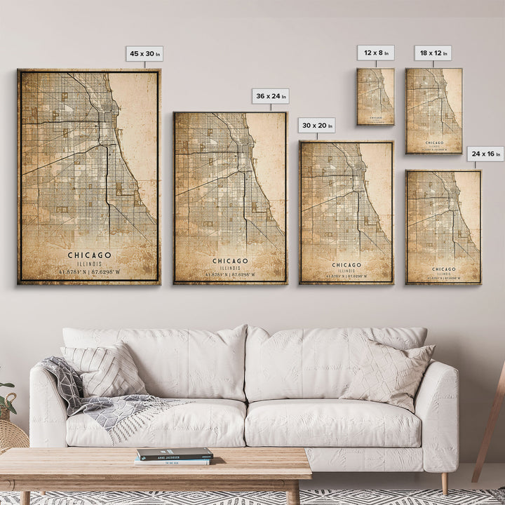 Distressed Chicago map print poster or framed canvas, Illinois road map print poster canvas, Chicago city map print poster canvas