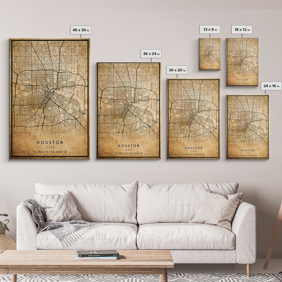 Houston Vintage Map Print, Framed Canvas, Houston Map, Texas Map Art, Houston City Road Map Poster, Vintage Map