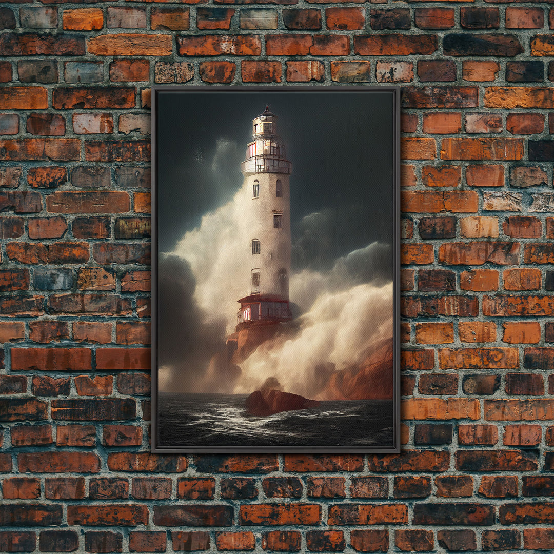 Lighthouse In A Hurricane, Storm Art, Framed Canvas Print, Ready To Hang Framed Wall Art, Living Room Wall Hanging