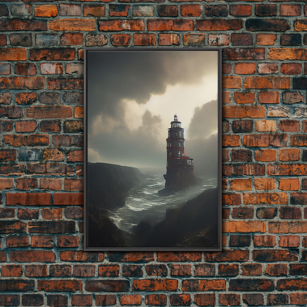 Lighthouse Protecting the Cliffs, Framed Canvas Print, Ready To Hang Framed Wall Art, Living Room Wall Hanging