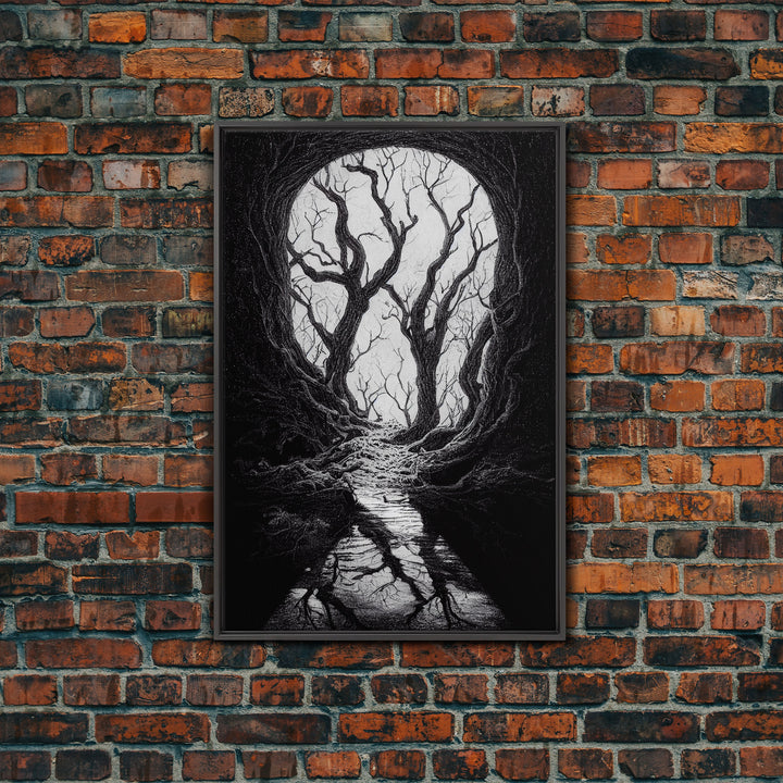 Spooky Haunted Halloween Forest, Black and White Art, Framed Canvas Print, Ready To Hang Framed Wall Art, Living Room Wall Hanging