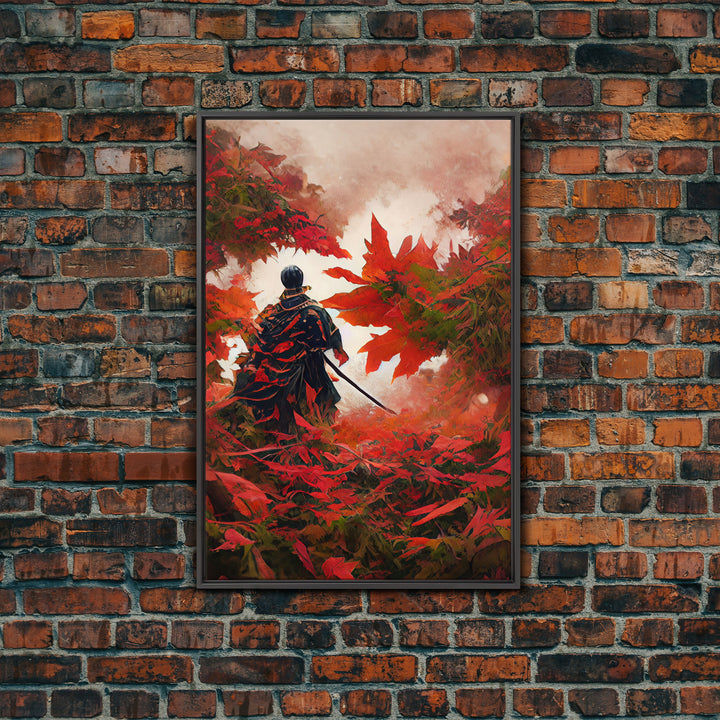 Samurai In a Japanese Maple Forest, Framed Canvas Print, Ready To Hang Framed Wall Art, Living Room Wall Hanging