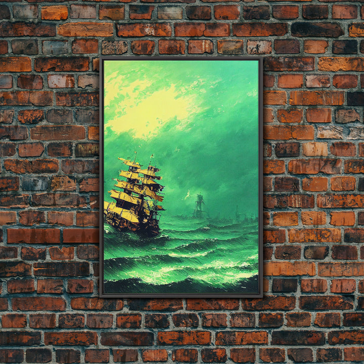 Watercolor of a Pirateship, Ghost Ship Art, Framed Canvas Print, Ready To Hang Framed Wall Art, Living Room Wall Hanging